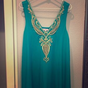 Lilly Pulitzer teal shift dress with gold beading